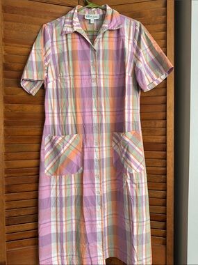 Ellen Orton Pastel Plaid Button-Front Cotton Dress in Lavender Peach & sage